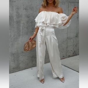 Vici champagne satin high waisted wide leg tie trousers